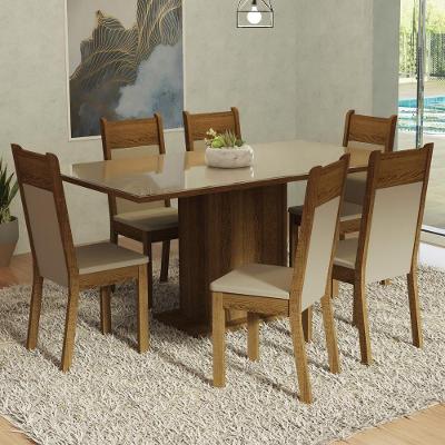 Kit Sala De Jantar Mesa Tampo De Vidro 6 Cadeiras Crema/Rustic/Bege Francine