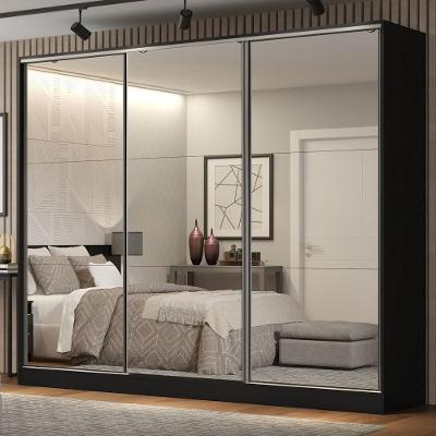 Guarda Roupa Casal 100% MDF Madesa Royale 3 Portas De Correr De Espelho Preto