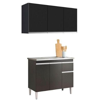 Balcão De Pia Tatiane 100cm E Armário Aéreo Andréia 3 Portas Preto Fosco - Ajl