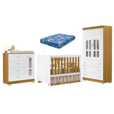 Quarto De Bebê New Katatau Branco Acetinado Savana Com Colchão Ortobom - Reller