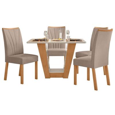 Conjunto Mesa Apogeu 120cm Tampo Mdf/vidro 4 Cadeiras Apogeu Amendoa/off/veludo Creme
