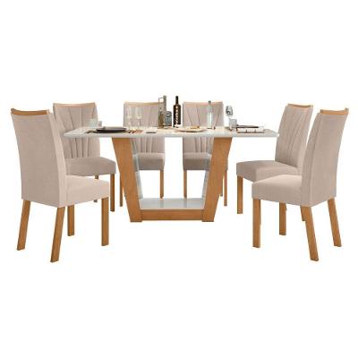 Conjunto Mesa Apogeu 170cm Tampo Mdf/vidro 6 Cadeiras Apogeu Amendoa/off/veludo Creme