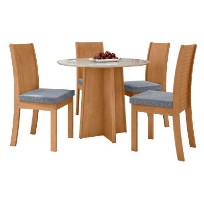 Conjunto Mesa Celebrare 100cm Tampo Mdf/vidro 4 Cadeiras Athenas Amendoa/off/linho Cinza