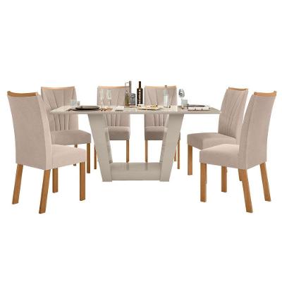 Conjunto Mesa Apogeu 170cm Tampo Mdf/vidro 6 Cadeiras Apogeu Off/amendoa /veludo Creme