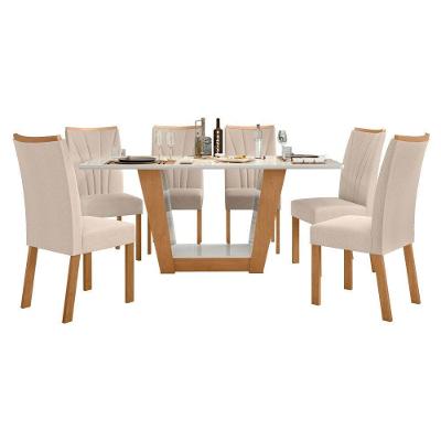 Conjunto Mesa Apogeu 170cm Tampo Mdf/vidro 6 Cadeiras Apogeu Amendoa/off/linho Bege