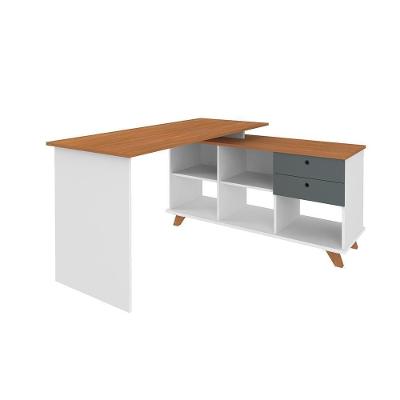 Mesa De Escritório Em L Retrô 3 Gavetas Arizona Freijó Grafito Branco