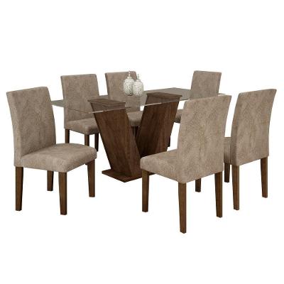 Conjunto Sala De Jantar Mesa Chocolate Com Suede Pena Bege Tampo De Vidro E 6 Cadeiras