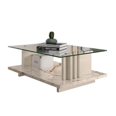 Mesa De Centro Com Vidro Frizz - 7 Decor Calacata E Off White