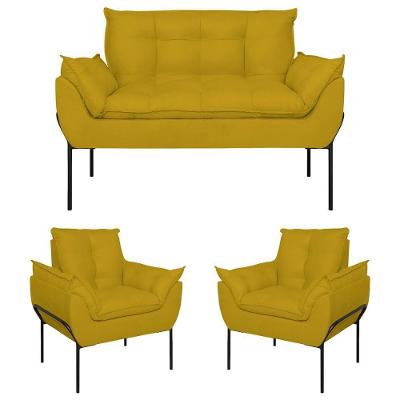 Kit 2 Poltronas Opala + Namoradeira Base Metal Preta Suede Amarelo