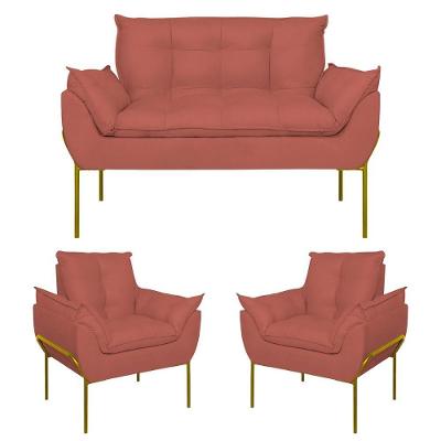 Kit 2 Poltronas Opala + Namoradeira Base Metal Dourada Rosa