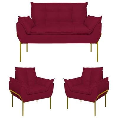 Kit 2 Poltronas Opala + Namoradeira Base Metal Dourada Cor Marsala