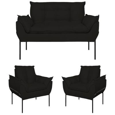 Kit 2 Poltronas Opala + Namoradeira Base Metal Preta Suede Cor Preto