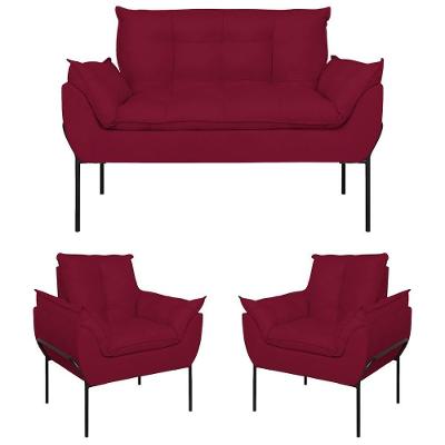 Kit 2 Poltronas Opala + Namoradeira Base Metal Preta Suede Marsala