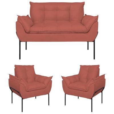 Kit 2 Poltronas Opala + Namoradeira Base Metal Preta Suede Cor Rosa