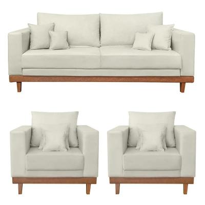 Kit 2 Poltronas Living + Sofá 3 Lugares Base Madeira Suede Bege