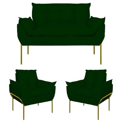 Kit 2 Poltronas Opala + Namoradeira Base Metal Dourada Verde