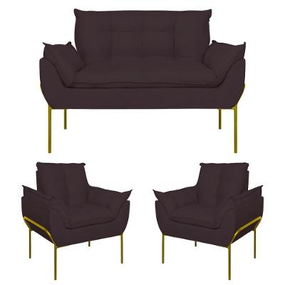 Kit 2 Poltronas Opala + Namoradeira Base Metal Dourada Cinza Escuro