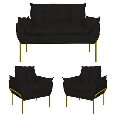 Kit 2 Poltronas Opala + Namoradeira Base Metal Dourada Preto