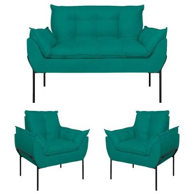 Kit 2 Poltronas Opala + Namoradeira Base Metal Preta Suede  Azul Turquesa