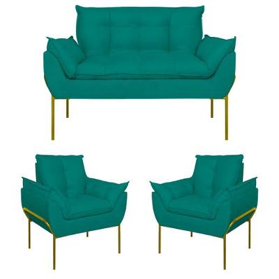 Kit 2 Poltronas Opala + Namoradeira Base Metal Dourada Azul Turquesa