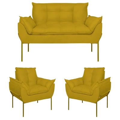 Kit 2 Poltronas Opala + Namoradeira Base Metal Dourada Amarelo