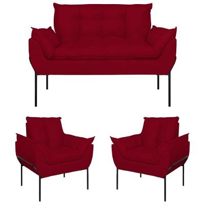 Kit 2 Poltronas Opala + Namoradeira Base Metal Preta Suede Vermelho