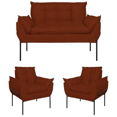 Kit 2 Poltronas Opala + Namoradeira Base Metal Preta Suede Terracota