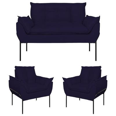 Kit 2 Poltronas Opala + Namoradeira Base Metal Preta Suede Azul Marinho