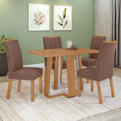 Conjunto Sala De Jantar Mesa Easy Pop 120x80cm Tampo Mdf Com 4 Cadeiras Confort Couro Morano Avelã Amêndoa/off White