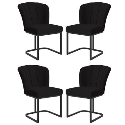 Kit 4 Cadeira Poltrona Flor Pés Metal Preto Mesa Jantar Cozinha Preto