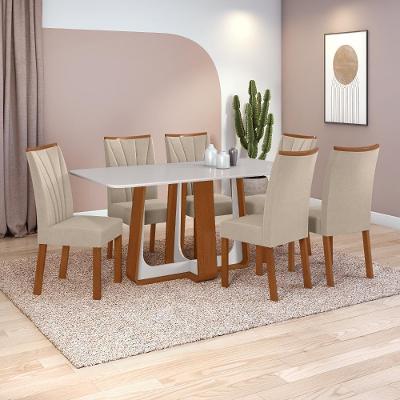 Conjunto Sala De Jantar Mesa Easy Pop 170x90cm Tampo Vidro/mdf Com 6 Cadeiras Confort Veludo Naturale Creme Frassino Off White