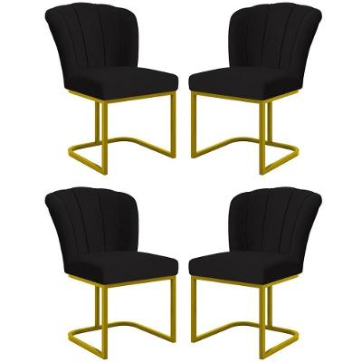 Kit 4 Cadeira Poltrona Flor Pés Metal Dourado Mesa Jantar Cozinha Preto