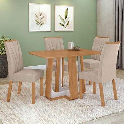 Conjunto Sala De Jantar Mesa Easy Pop 120x80cm Tampo Mdf Com 4 Cadeiras Confort Veludo Naturale Creme Amêndoa/off White