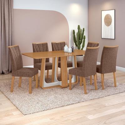 Conjunto Sala De Jantar Mesa Easy Pop 170x90cm Tampo Mdf Com 6 Cadeiras Confort Couro Morano Avelã Amêndoa/off White