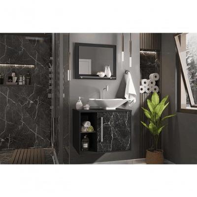 Conj Gabinete E Espelheira Bremen P/ Banheiro Preto Fosco/nero