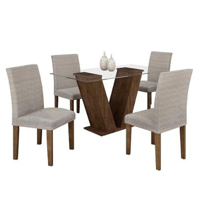 Conjunto Sala De Jantar Mesa Chocolate Com Linho Cinza 90 Tampo De Vidro E 4 Cadeiras