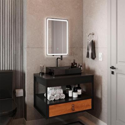 Gabinete Harley Cuba Torneira Espelho Retangular Led 50cm Preto/Nature