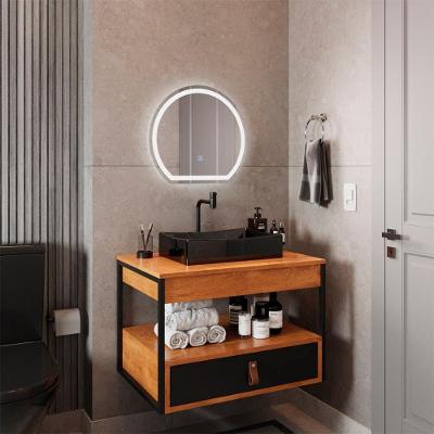 Gabinete Harley Com Cuba Torneira Espelho Redondo Led 50cm Nature/Preto