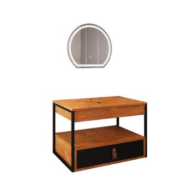 Gabinete Harley 1 Gaveta E Espelho Redondo Led 50cm Bivolt Nature/Preto