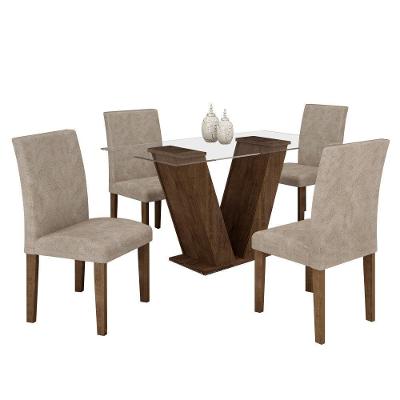 Conjunto Sala De Jantar Mesa Chocolate Com Suede Pena Bege Tampo De Vidro E 4 Cadeiras
