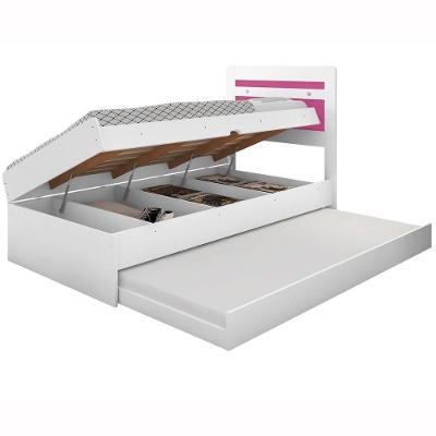 Cama Baú Solteiro Larissa Branco E Rosa Com Aux. E Colchões