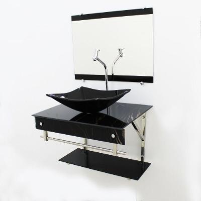 Gabinete de Vidro 60cm com Cuba Retangular Mármore Preto