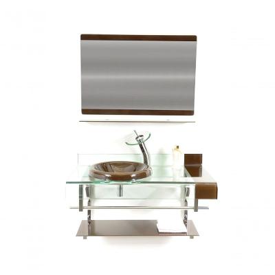 Gabinete de Vidro 90cm Curvado Duplo Inox com Cuba Marrom
