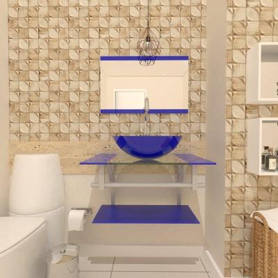 Gabinete De Vidro Para Banheiro 60cm Ac Cuba Redonda Com Sifao E Torneira Metal Cor:azul Escuro