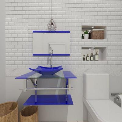 Gabinete De Vidro Para Banheiro 60cm Inox Cuba Quadrada Com Sifao E Torneira Metal Cor:azul Escuro
