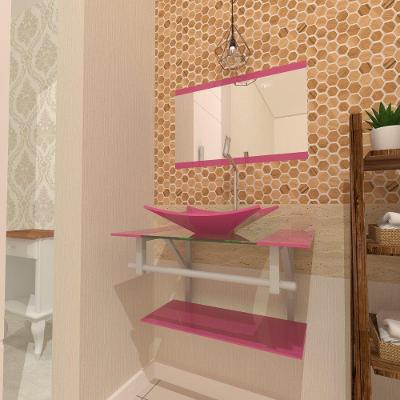 Gabinete De Vidro Para Banheiro 60cm Ac Cuba Retangular Com Sifao E Torneira Metal Cor:rosa