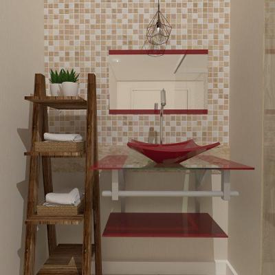 Gabinete De Vidro Para Banheiro 60cm Ac Cuba Quadrada Com Sifao E Torneira Metal Cor:vermelho Cereja