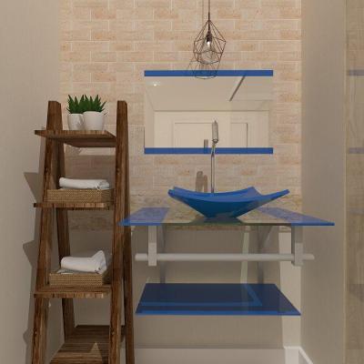 Gabinete De Vidro Para Banheiro 60cm Ac Cuba Quadrada Com Sifao E Torneira Metal Cor:azul
