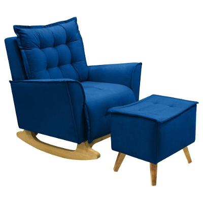 Poltrona Amamentação De Balanço Helena + Puff Veludo Quarto Azul Marinho