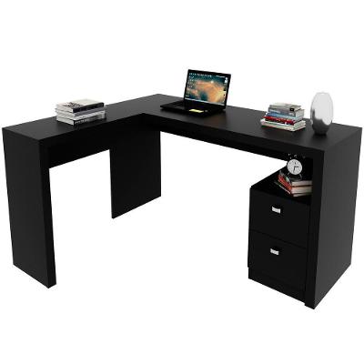 Mesa De Canto Para Escritório Em L Angular Com 2 Gavetas Preto